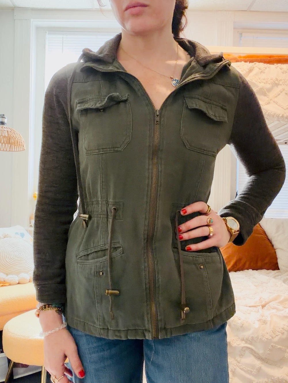 Charlotte Russe Olive Green Utility Jacket with Knit Sleeves | Size M